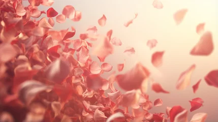 Keuken spatwand met foto Red rose petals gently falling in soft sunlight, fragile feminine background evoke sense of delicate beauty, symbolizing fleeting nature of time and enduring grace of femininity, copy space © TRAVELARIUM