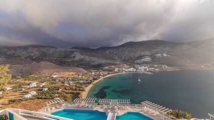 Panorama showing Amorgos island aerial timelapse from above. Greece