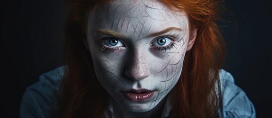 Halloween makeup on a scary girl with ginger hair and a cut mouth staring at the camera with blue eyes With copyspace for text