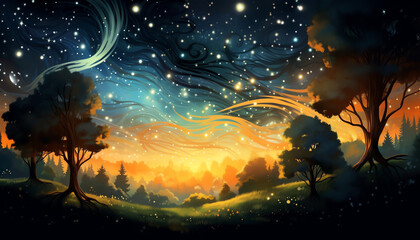 Hintergrundbild - Gemälde mit Sonnenuntergang und Sternenhimmel