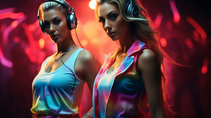 Two DJ girl in Colorful neon light enjoy music, friends. Party disco 80s 90s neon nightclub vibes....