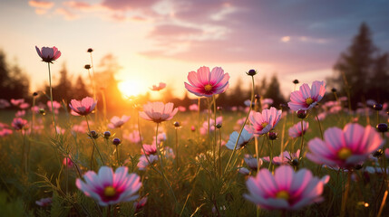 Sunset background of meadows,flowers. Nature background. Flower background. Generative AI