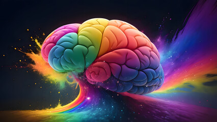 A rainbow-colored brain explosion, a splash of vibrant colors, cognitive overload, creative inspiration, and concepts from psychology and neurology.