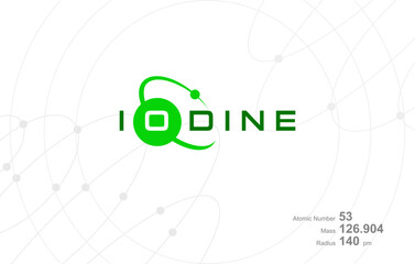Modern logo design for the word "Iodine" which belongs to atoms in the atomic periodic system.