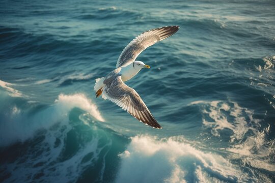 A peaceful image of a seagull flying over the ocean. Generative AI