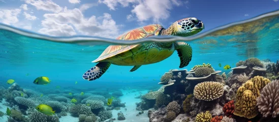 Foto op Plexiglas Green sea turtle swimming over a coral reef in French Polynesia With copyspace for text © 2rogan