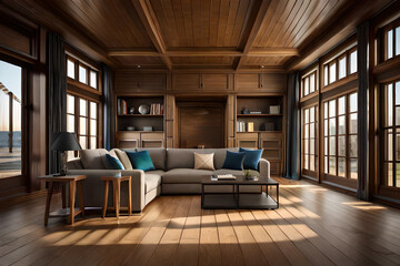 Luxurious and minimalist wooden living room