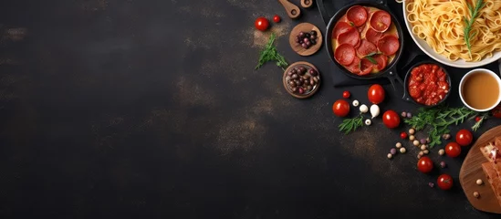 Kissenbezug Italian cuisine featuring pasta pizza olives and antipasto on a flat surface with room for text With copyspace for text © 2rogan