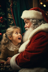 Fototapeta na wymiar A young child exchanging secrets with Santa Clause amidst the holiday festivities