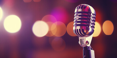 Closeup of retro microphone on stage with a bokeh light backdrop. Karaoke or concert concept. Generative AI