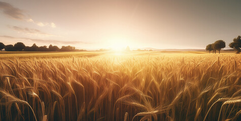 Field of golden wheat against the background of the morning sun in the sky with clouds