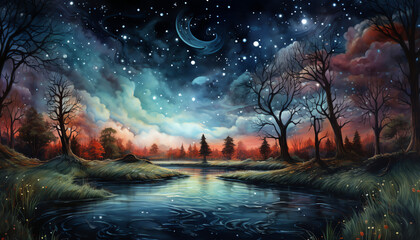 Hintergrundbild - Landschaft mit mystischen Nachthimmel - obrazy, fototapety, plakaty
