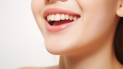 Obraz premium Closeup of beautiful smile of young woman with healthy white teeth. Healthcare concept. Generative AI
