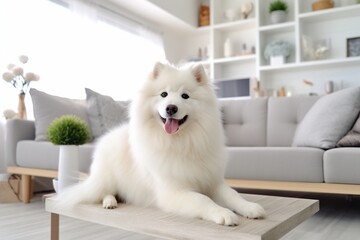 Adorable Samoyed dog in modern living room