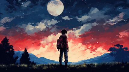 Fototapeta premium Silhouette of a boy in a raincoat standing on the hill and looking at the moon