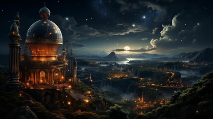 AI generated illustration of an observatory on a hill under the starry night sky - obrazy, fototapety, plakaty