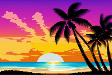 Fototapeta na wymiar Summer vacation concept. Sunset Serenade. A Mesmerizing Evening on the Beach. Generative AI