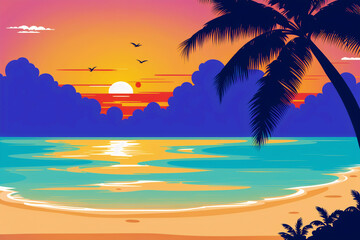 Obraz premium Summer vacation concept. Sunset Serenade. A Mesmerizing Evening on the Beach. Generative AI