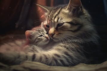 Obraz premium closeup of kitten with cute mother cat. generative ai
