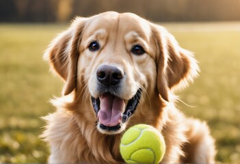 portrait of a golden retriever dog with a ball in its mouth portrait of a golden retriever dog with a ball in its mouth dog playing with ball in the field at summer