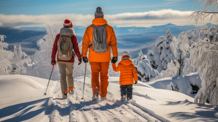 family parents children walking in the snow rear view