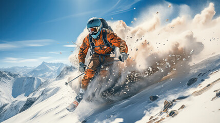 Naklejka na ściany i meble Sporty man skiing fast in the snow