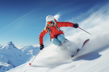 Fototapeta na wymiar Chica modelo esquiando velozmente en la nieve