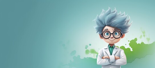Generative AI banner of a Cute Boy Dressed as a Mad Scientist for Halloween on an Gray Banner with Space for Copy - obrazy, fototapety, plakaty