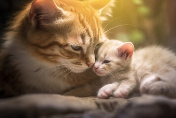 closeup of kitten with cute mother cat. generative ai