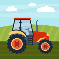 Vector tractor on green country background, illustration of rural transport, square art with red tractor, children book illustration, print design.
