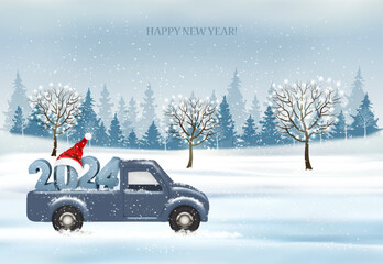 Holiday Christmas and Happy New Year background with with evening landscape and blue car with 2024 numbers and Santa hat. Winter illustration, banner, vector - 662216180