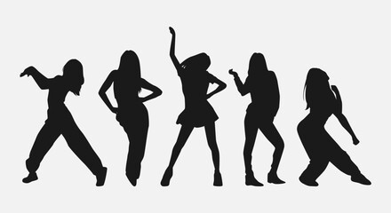 set of five female dancer silhouettes. street dancers with various different styles, poses, movements. vector illustration. - obrazy, fototapety, plakaty