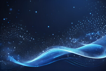 Blue wave particles and light abstract background with glittering star dots.