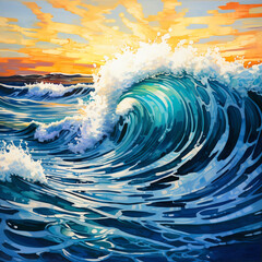 Beautiful drawing of a sea wave illuminated by the sun. Colorful ocean wave. Sea water wave shape. Sunset light and clouds on the background