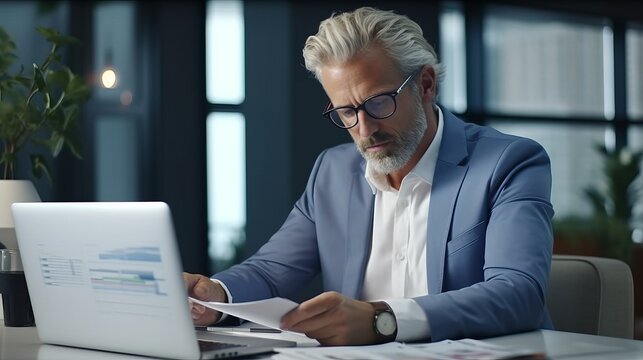 Generative AI banner of a Busy middle aged executive, mature male hr manager holding documents using laptop looking at pc in office at desk, thinking over financial data report feeing doubt