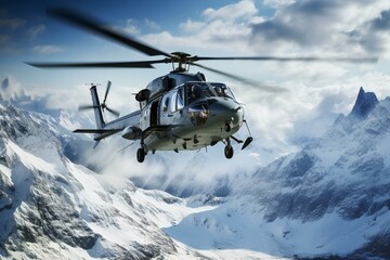 Fototapeta na wymiar Helicopter flying over snowy mountains. Generative AI