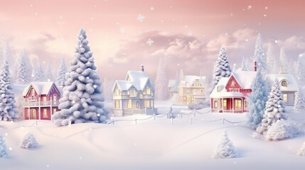 Fototapeta na wymiar Winter cute town with snow-covered street and cozy houses. Town landscape background, greeting card. Generative AI