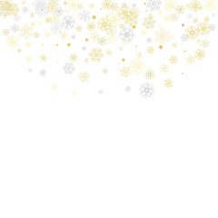Fototapeta premium Gold snowflakes frame on white background. New year theme. Stylish shiny Christmas frame for holiday banner, card, sales, special offers. Falling snow with gold snowflakes and glitter for party invite