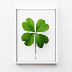 A white picture frame with a green four-leaf clover as a picture, Saint Patrick's Day