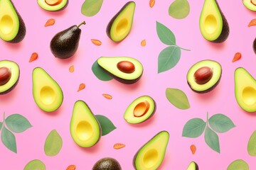 Avocado pattern on pastel pink background, healthy food and diet, nutritious fruits, fitness illustration. Generative AI