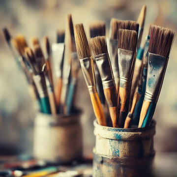 Artist's brushes in the bank. Creator's workplace. Background