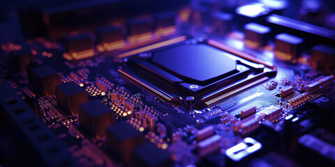 Heart of the Machine: Microprocessor in Purple Glow. Motherboard concept. Generative AI