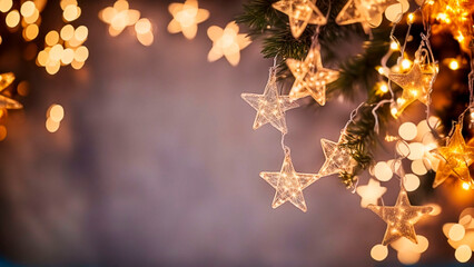 Christmas Lights - Stars String Hanging At Fir Branches In Abstract Defocused Background