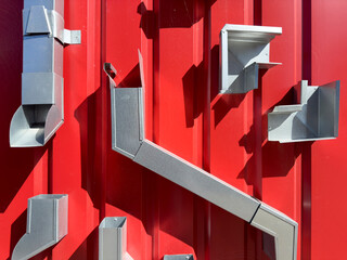 Samples of pipes for rainwater collection are presented in the hardware store. This includes rectangular galvanized pipes, as well as various nodes and elements displayed on a red stand. 