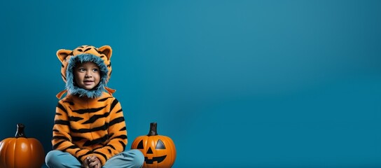 Generative AI banner of a Cute Young Boy Dressed as a Tiger for Halloween on an Blue Banner with Space for Copy