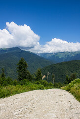 Fototapeta premium A beautiful panoramic landscape - a walking path among mountains and green trees on a sunny summer day and a blue sky with white clouds. Concept hiking and trekking