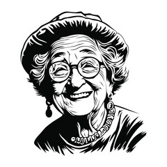 happy grandma portraits hand drawn engraving style woodcut vector illustration