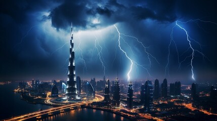 Nocturnal Spectacle: Lightning at Night Illuminates the City with Burj Khalifa Majesty