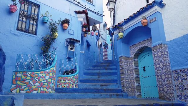 Chefchaouen town in Morocco, known as the Blue Pearl, famous for its striking blue color painted medina buildings and streets, creating a unique and magical atmosphere.