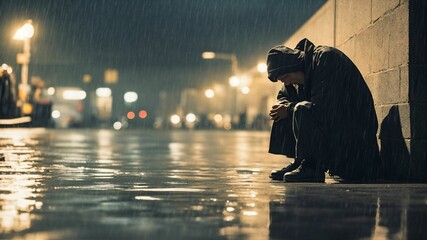 a man sitting on a curb in the rain - obrazy, fototapety, plakaty